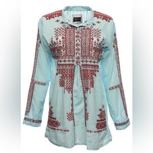 JOHNNY WAS JWLA Biya Nadya Embroidered Blue and Red Tunic Top L